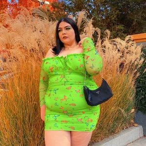 🦋💚Neon Green Butterfly Dress Y2K Plus Size Trendy off shoulder mini dress 🦋💚